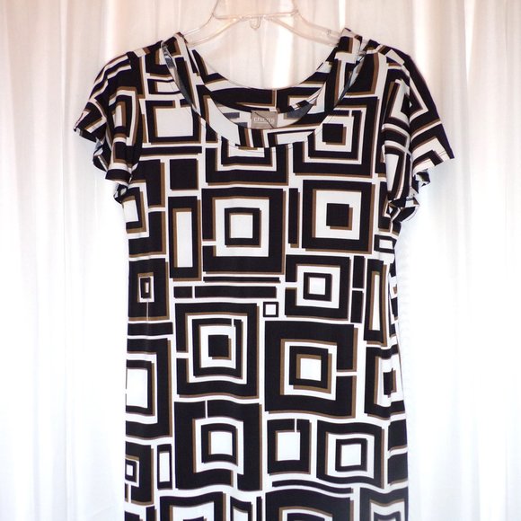 Chico's Midi Shift Dress Womens 0 US 4 Small White Brown Black Cold Shoulder Mod - Picture 6 of 12